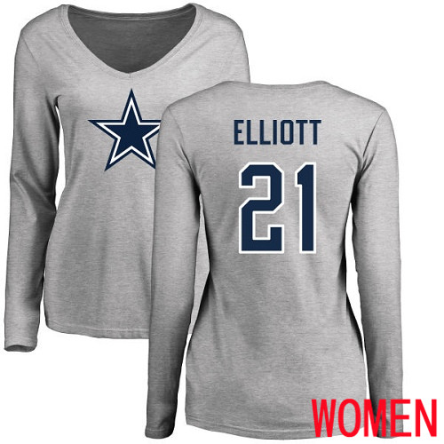 Women Dallas Cowboys Ash Ezekiel Elliott Name and Number Logo Slim Fit #21 Long Sleeve Nike NFL T Shirt